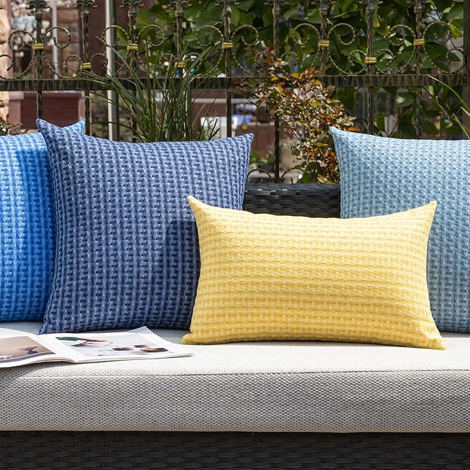 Kevin Textile Outdoor Waterproof Throw Pillow Covers Pack of 2 Boho Farmhouse Decorative Lumbar Cushion Covers for Garden Patio Tent Balcony Bench Couch Sofa 14x24 Inch, Light Blue