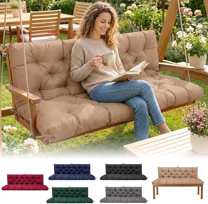 Waterproof Porch Swing Cushions 60 Inch,2 3-Seater Replacement for Outdoor Furniture with Backrest and Straps, Thick 4" Swing Seat Bench Cushion for Loveseat Glider Bench Patio Lawn Backyard