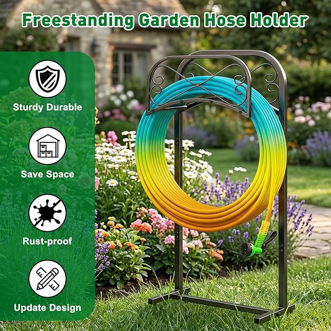 Gtongoko Garden Hose Holder for Outside 43 In With Upgrade 4 Prongs Base Detachable Metal Water Hose Holder Freestanding Heavy Duty Organizer Holds 150FT Stand Hanger for Outdoor Yard Black