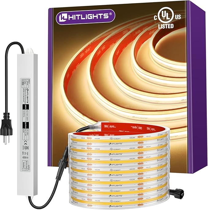 Outdoor COB LED Strip Lights Kit Waterproof 3000K Warm White, 24V Tape Light with Power Supply, IP67, 2560 LEDs, 305 lm/ft, CRI 90+, UL Listed, Premium Lighting for Kitchen, Cabinets, Bedroom, 16.4ft