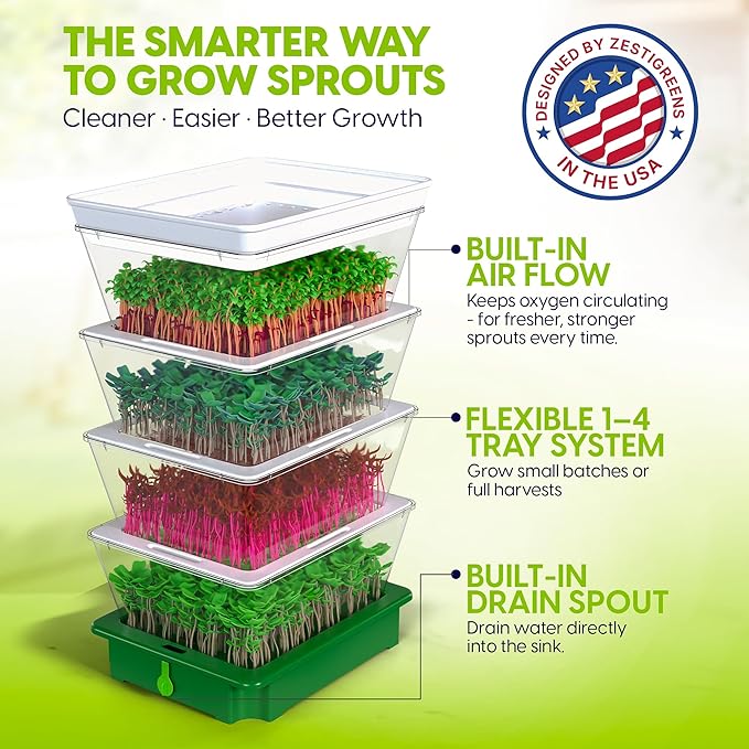 ZESTIGREENS 4-Tier Sprouting Kit - Stackable Seed Sprouter Trays with Drain Spout - Grow Fresh Sprouts at Home - BPA-Free