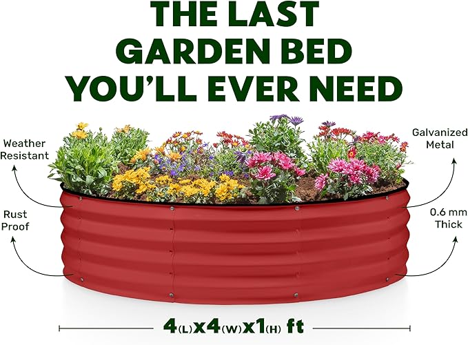 Round Galvanized Raised Garden Bed // 4×4×1 ft (2-Pack) Galvanized Raised Garden Beds Outdoor for Gardening, Vegetables, Flowers (Red) // Patented Tool-Free Design Round Planter