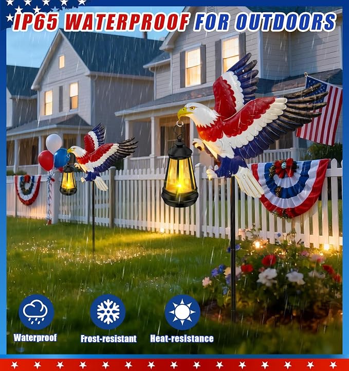 Solar Lights Outdoor Waterproof Eagle Garden Decor,29.9in Metal Eagle with Solar Lights,250th Anniversary America Eagle Patriotic Decorations Outdoor,Decorative Garden Stakes for Yard Art Patio Porch