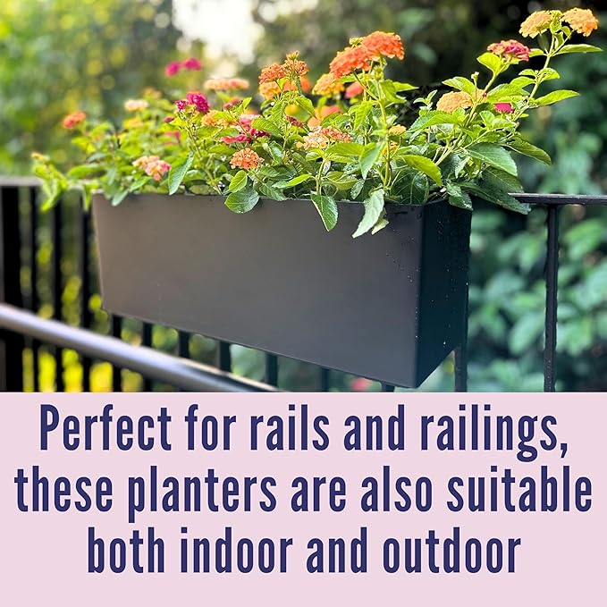 LaLaGreen Railing Planter Boxes (14 Inch, 2 Pack) Self-Watering Window Box Planters with Brackets, Rectangular Hanging Flower Pots for Balcony Deck Fence, Outdoor Herb Garden Plastic Planters Black