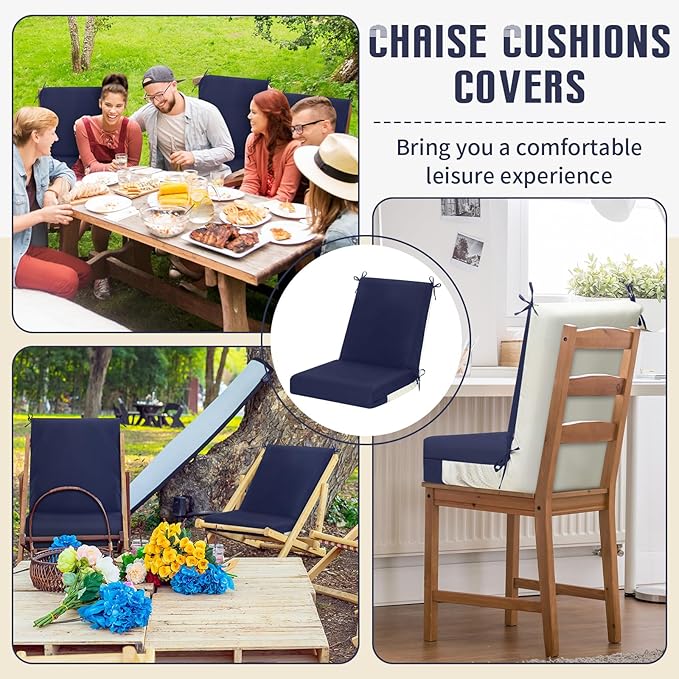 Tudomro 2 Pcs Outdoor High Back Chair Cushion Covers (Not Includes Cushion) Waterproof Patio Replacement Rocking Chair Slipcover Seat Pad Cover with Tie for Furniture (Navy Blue,44'' X 21'')