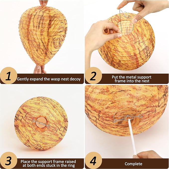 DECYOOL 4 Pack Paper Wasp Nest Decoy Hanging Wasp Nest Stay Away from Wasps Hornets Yellow Jackets(Orange)