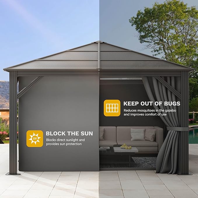 DWVO 10x10ft Hardtop Gazebo Polycarbonate Canopy Outdoor with Netting and Shaded Curtains, Metal Frame Garden Tent for Patio, Backyard, Deck and Lawns, Gray