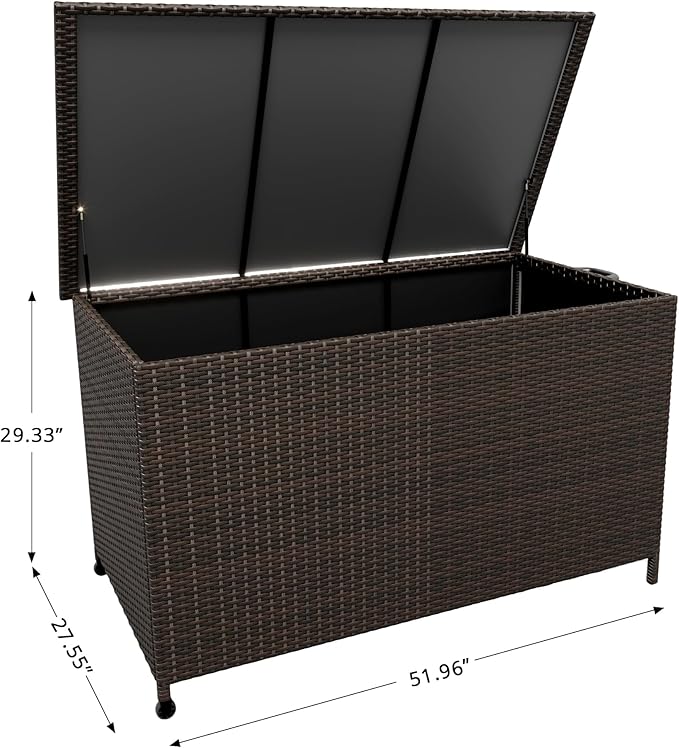 185 Gallon Outdoor Deck Box with Wheels, Waterproof PE Wicker Rattan & Aluminum Frame Storage Bin for Patio Cushions, Garden Tools, Pool Toys, Lockable Patio Furniture(Brown)