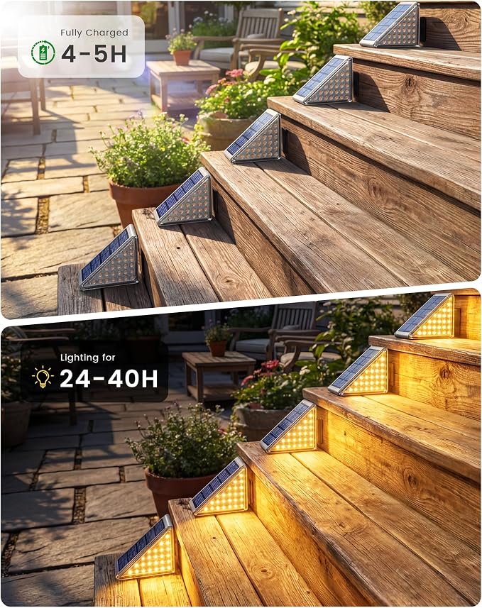 NIORSUN Outdoor Step Lights, Upgraded 28 LEDs 2 Brightness Modes, IP67 Waterproof Solar Stair Lights for Outside Steps, 1200mAh Battery Long Runtime Warm White for Patio Deck Yard Porch, 12 Pack