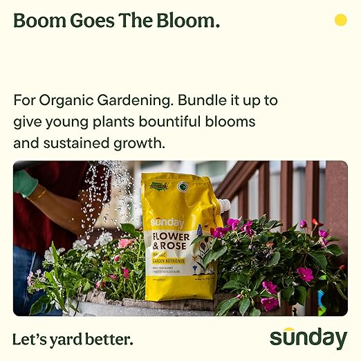 Sunday Organic Potting Soil and Flower Plant Food Bundle, Peat-Free Potting Mix 8 qt + Flower & Bloom 4-4-6 NPK Fertilizer 2 lb, OMRI Listed, for Beds, Containers, and Houseplants