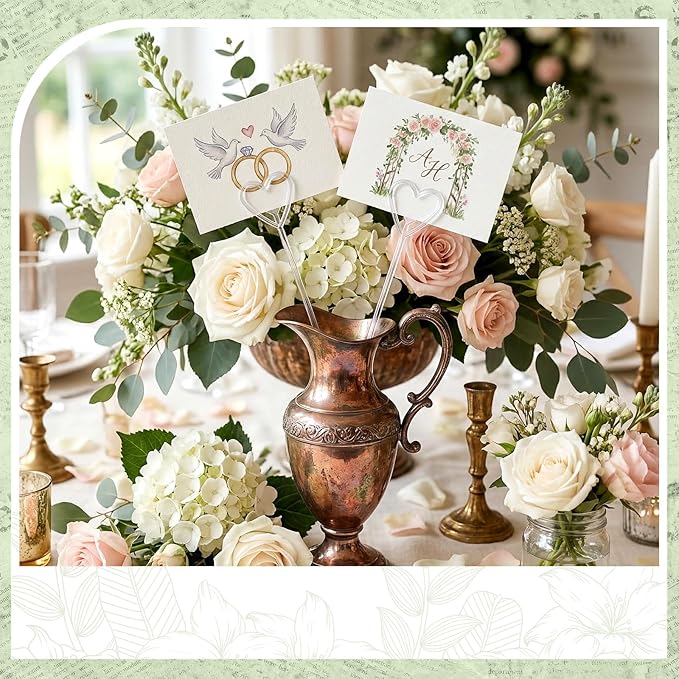 Patelai 500 Pcs Plastic Floral Pick Card Holders Clear Heart Shaped Flower Place Card Holders Clips for Wedding Bouquet Birthday Party Supply, 9 Inches