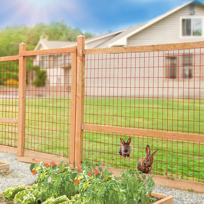 Red PVC Coated Welded Wire Fence 48 Inch x 50 Foot, 2 Inch x 4 Inch 14GA, Garden Border Fencing Roll Vinyl Coating Metal Wire Mesh Hardware Cloth for Yard Vegetable Plant Protection