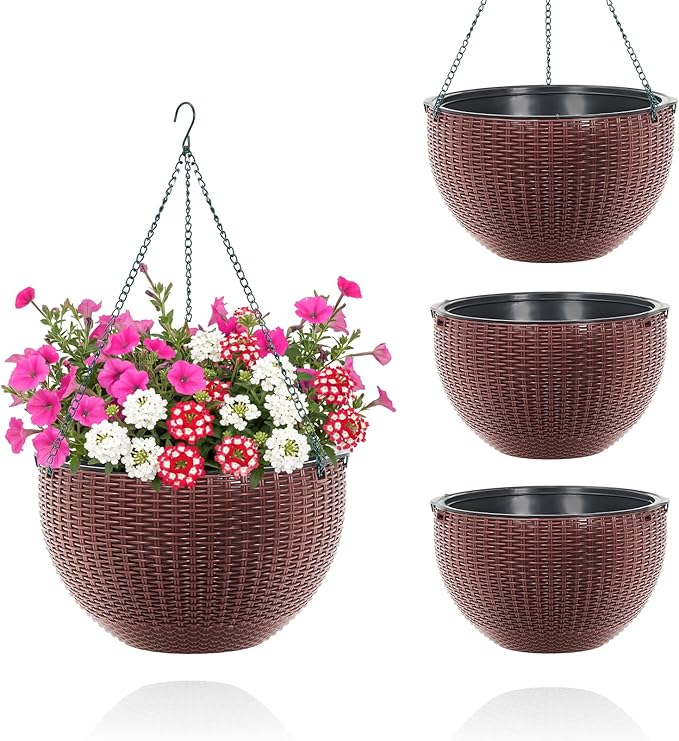13.8 Inch Self Watering Hanging Planter, 4PCS Round Resin Hanging Basket for Indoor Outdoor Plants, Rattan Look Flower Pot with Drainage Plug, Deep Inner Pot and Sturdy Metal Triple-Chain Hanger