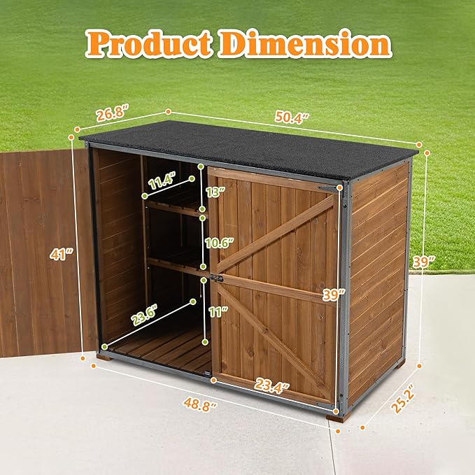 YOPTO Outdoor Wood Storage Cabinet,Garden Shed Tool with Metal Frame Structure and Waterproof Sloping Roof,Backyard Building w/ 3 Compartments & Latch,Furniture for Lawn,50.4"L X 26.8"W X 41"H,Brown
