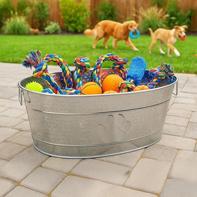BREKX 25-Quart Tub for Firewood Storage Rack Log Holder - Heavy-Duty Portable Galvanized Tub with Handles for Indoor/Outdoor (Silver)