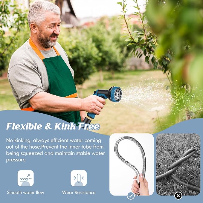 Garden Hose 100FT with 10 Function Nozzle, Water Hose with Leak-proof Connectors No-Kink Lightweight Puncture-proof Pet-proof Sturdy Hose for Outdoor Yard（Light Silver）