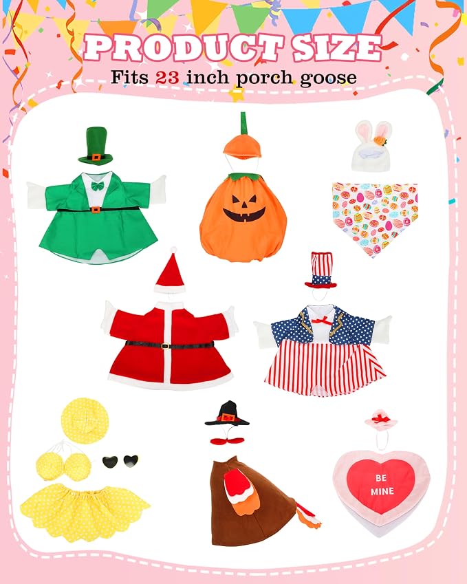 8 Set Holiday Porch Goose Outfits, All Seasons Bundle for 4th of July, Fall, Halloween, Christmas Decor, Valentine, St. Patrick's Day, Easter, Summer,Lawn & Indoor Outdoor, Fits 23 Inch (No Goose)