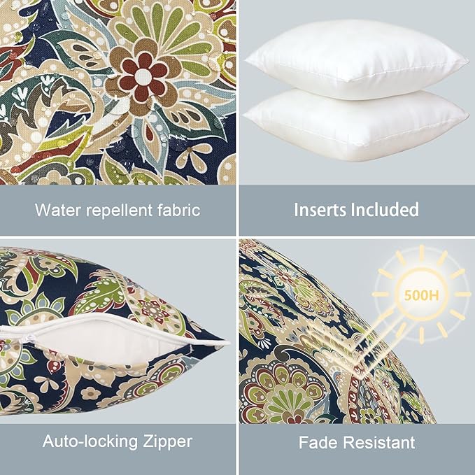 LVTXIII Set of 2 Patio Throw Pillows 16"x16" Fade Resistant Outdoor Throw Pillows with Inserts, Fluffy Decorative Garden Toss Pillow Cushions for Home Coach Sofa Use, Paisley Sapphire Blue
