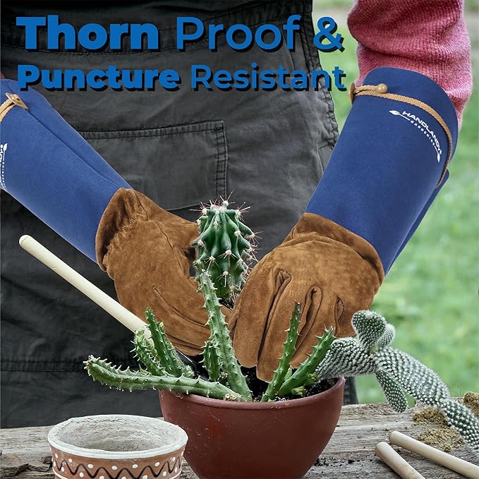 HANDLANDY Long Gardening Gloves for Men & Women, Pigskin Leather Rose Pruning Gloves, Breathable Thorn Proof Gauntlet Glove (Blue, M)