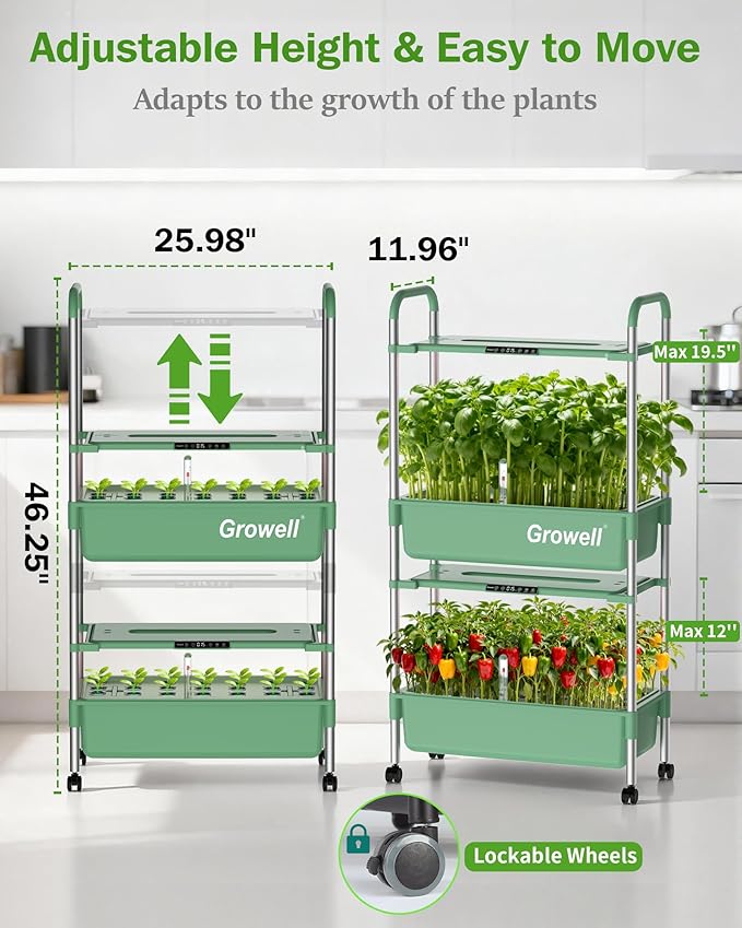 Growell Large Hydroponics Growing System Kit, Vertical Indoor Herb Garden Kit with LED Grow Light & Independent Water Pump, 28L Movable Indoor Planter Perfect Gardening Gifts (2 Tier-54 Pods Green)