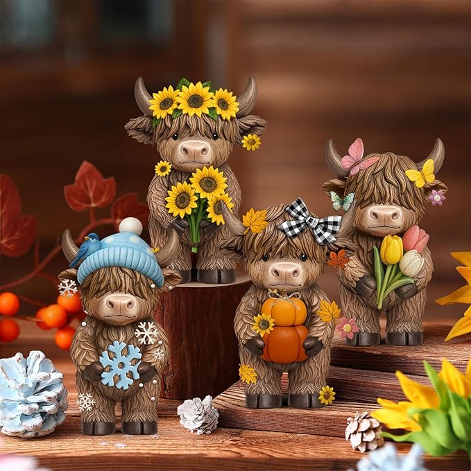 Simgoing 4 Pcs Seasonal Highland Cow Figurines, Spring Summer Fall Winter Gnomes 4 Seasons Highland Cow Home Decor Table Centerpieces Scottish Resin Statue Calf Gifts for Home Garden Kitchen Office