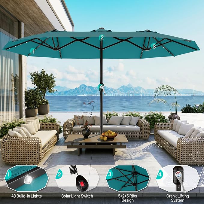 AreShark 13 FT Patio Umbrella with Solar Lights, Double-Sided Outdoor Table Umbrellas with Crank, Large Rectangular Market Umbrella for Porch, Lawn, Pool, Backyard, Lake Blue