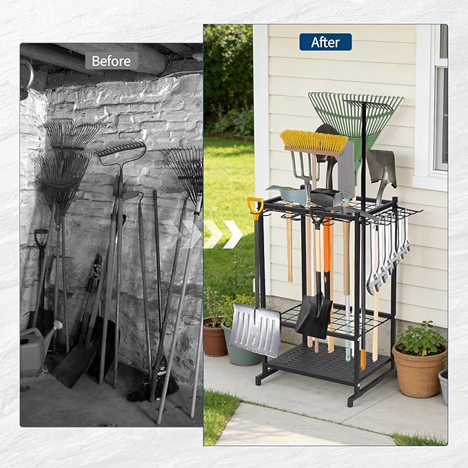 Garden Tool Organizer,3 Tier Yard Storage Rack With 3 Shelves,Heavy Duty Holder With 35 Long-Handled Slots& Hooks for Yard Shed and Lawn