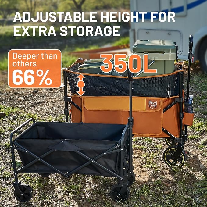 Timber Ridge 350L Extra Large Collapsible Folding Wagon Carts with Brake, Heavy Duty Outdoor Camping Utility Wagons with Extended Height, Adjustable Handle, Cup Holders, Side Bag(Orange)