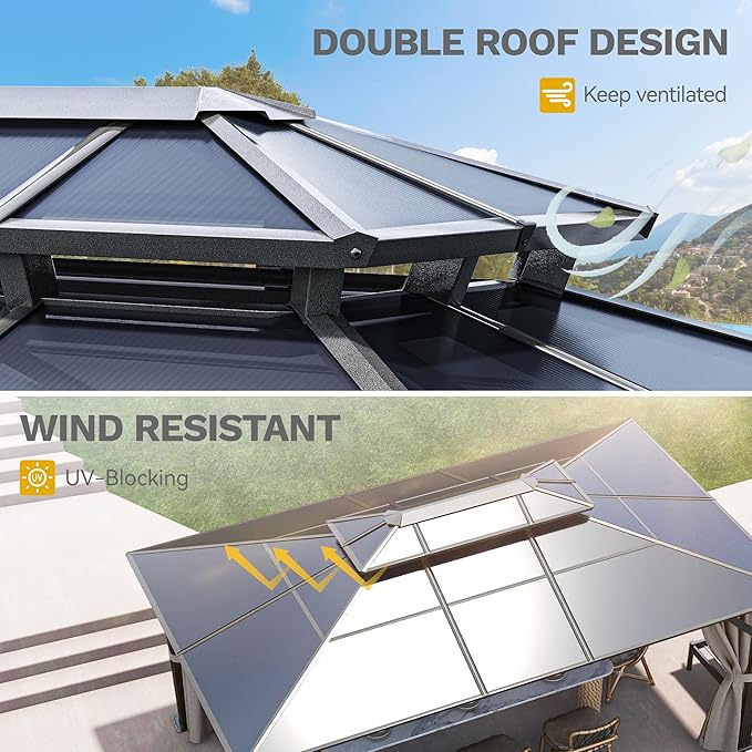 DWVO 12x16FT Gazebo Double Roof Canopy Outdoor Hardtop with Netting and Shaded Curtains, Aluminum Frame Polycarbonate Hardtop Garden Tent for Patio, Backyard, Deck and Lawns, Gray
