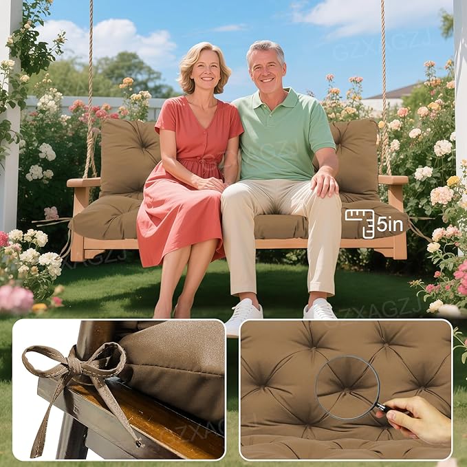 Porch Swing Cushions Outdoor 40x40 inch Waterproof Extra Thick 5" Swing Cushions Replacement with Backrest and Ties for Outdoor Furniture Porch Patio Garden Lawn (Coffee)