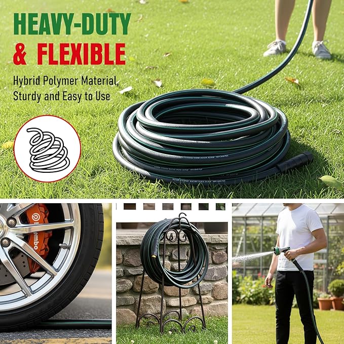 Heavy Duty Garden Hose 25 ft, NON-EXPANDABLE Water Hose with 10 Function Spray Nozzle, Lightweight Kink-less Hybrid Hose with Swivel Handle, Male to Female Fittings