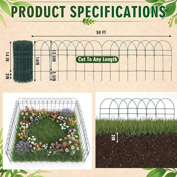 Roowest 16" x 50' Green Garden Border Fence, Metal Wire Folding Fence Roll for Outdoor Yard, Patio & Flower Bed Edging, No-dig Animal Barrier, Rustproof Decorative Landscape Fencing