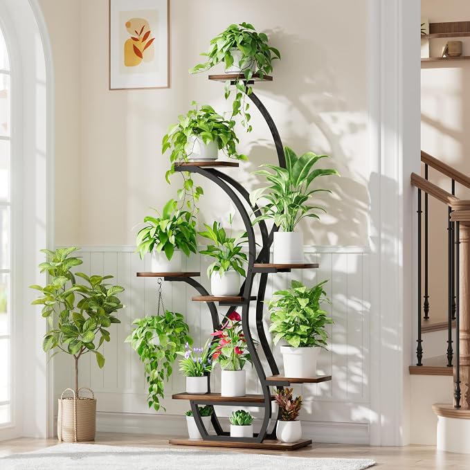 EVAWOO Plant Stand Indoor with Grow Lights - 8 Tiered Corner Plant Shelf Indoor, 65" Tall Lighted Plant Holder for House, Black