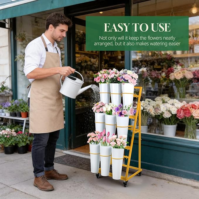 3FT Flower Display Stand with 9 Buckets,Metal Flower Bar Stand with Wheels,3 Layers Moving Florist Bouquet Shelf for Indoor Outdoor Garden,Flower Shop,Wedding,Party Decor (GOLD)
