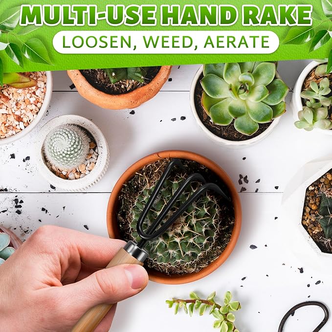 3 Pcs Mini Gardening Tools – Mini Garden Tools Set with 2 Small Shovels (Narrow and Wide) & Hand Rake, Rustproof Metal Build, Ergonomic Wooden Handles – Potting & Transplanting Kit for Indoor Plants