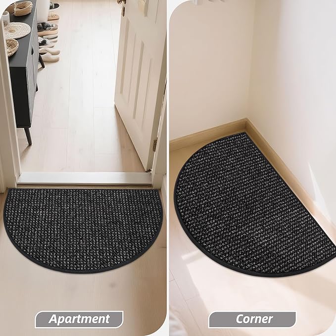 BEQHAUSE Dirt Trapper Door Mat 17" x 30" Half Circle Non Slip Washable Doormats Entrance Rugs Absorbent Welcome Low Profile Floor Mats for Front Back Door and Entryway, Black