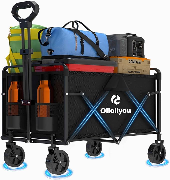 Collapsible Wagon Cart- 380LBS,Folding Beach Utility Wagon,Portable Utility Grocery Cart for Beach, Camping, Garden, Shopping, Transport