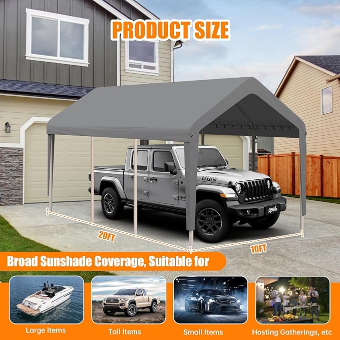 Carport Canopy 10'x20' Heavy Duty Replacement Cover, Garage Shelter Cover 800D Oxford Waterproof & UV Protected Tarp with Ball Bungees, Not Include Frame（Gray）