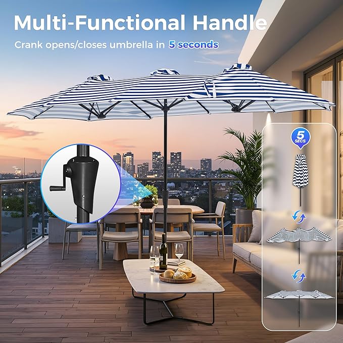 SUPERJARE 13FT Outdoor Umbrella for Patio, Double sided Pool Umbrellas with Fade Resistant Canopy, Large Table Umbrella for Deck, Market, Backyard - Blue & White Stripe
