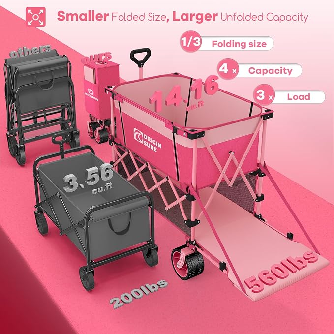 400L Double Decker Wagon Collapsible with 54" L Tailgate, 560lbs Heavy Duty Wagons Carts Foldable, Extra Large Folding Beach Wagon with Big All-Terrain Wheels for Camping, Sports, Groceries, Pink