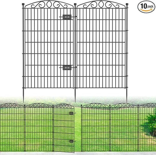 10 Panel No Dig Decorative Garden Fence with Gate - 48in H x 22.6 ft L,Dog Fence Outdoor for Yard,Tall Animal Barrier for Dogs Rabbits, Rustproof Metal Wire Panels for Yard,Patio, Flower Bed