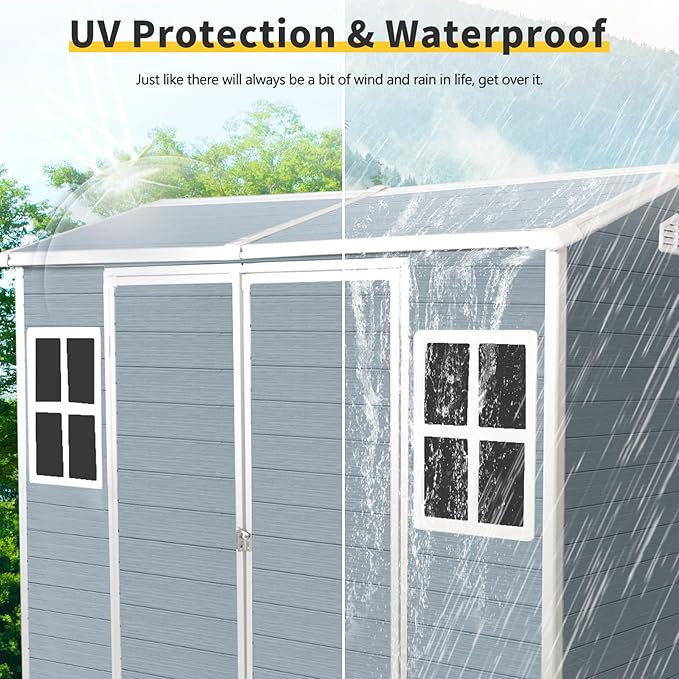YOPTO 8x4 FT Outdoor Storage Shed,Garden Shed with Floor & 2 Windows,All Weather Waterproof Tool House W/Air Vent,Sloped Roof & Lockable Double Door,for Patio,Yard,Lawn,Grey