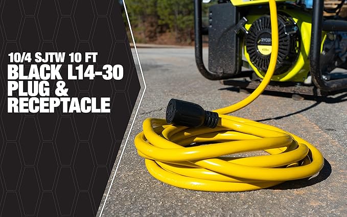 Southwire Generator Cord - 10-Gauge Heavy Duty Electrical Power Cable with L14-30 Locking Plug & Receptacle - Dual Voltage 125V/250V - Molded Connectors - Weather Resistant - Yellow & Black - 10 Feet