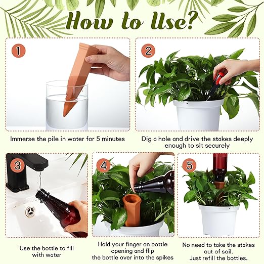 SiliFine 6 Sets Terracotta Self Watering Spikes with 26 oz Plastic Bottles, Plant Watering Devices Slow Release Vacation Insert Automatic Plant Watered Device