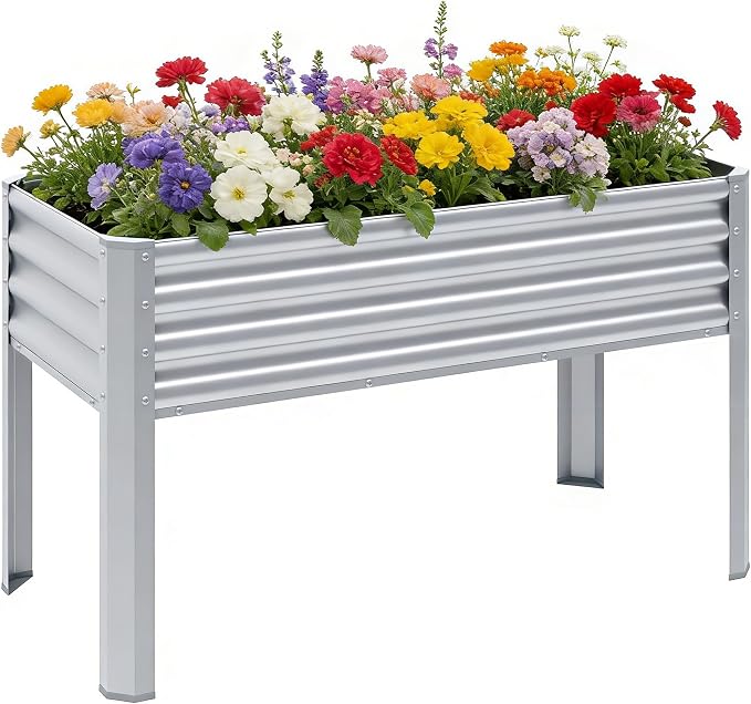 Galvanized Raised Garden Bed with Legs, 43×24×32in Large Metal Elevated Raised Planter Box with Drainage Holes for Backyard, Patio, Balcony, 400lb Capacity,Sliver
