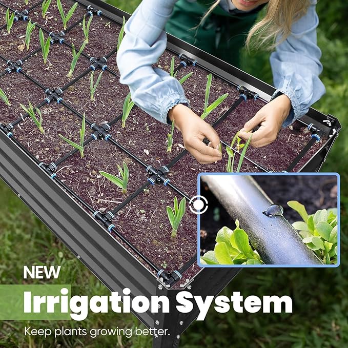 KING BIRD Raised Garden Bed with Irrigation System and Legs Galvanized Elevated Planter Box 48×24×31.5 in for Backyard, Patio, Balcony, 400lb Capacity, Dark Grey