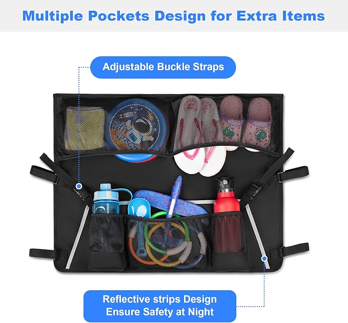 Collapsible Wagon Side Pocket with Reflective Strip, Folding Wagon Cart Storage Bag with Mesh Pouch for Umbrella, Foldable Accessories Bag for Outdoor, Camping, Black, Bag Only, Not Including Wagon