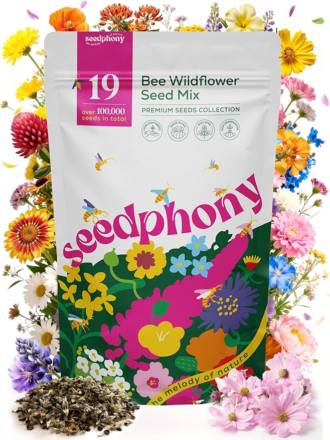 Seedphony 19 Bee Wildflower Seeds Mix 4oz - 100,000 Non-GMO Heirloom Seeds for Planting, Perennial Flowers in Waterproof Seed Packet, Flower Seed Mix for Pollinators, Planting Garden Indoor & Outdoor