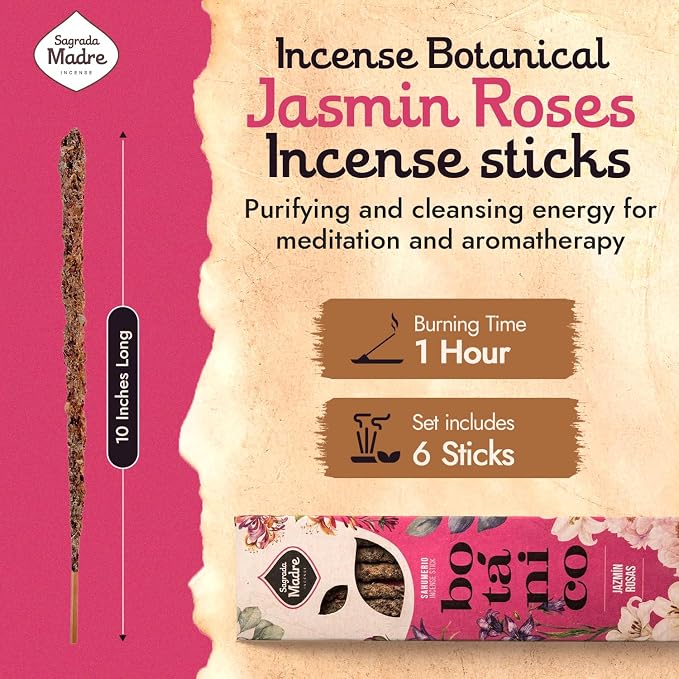 Sagrada Madre Jasmine Incense Sticks - 6 Handmade Extra-Long & Thick Sticks with Essential Oils, Rose Petals & Jasmine for Abundance, Calm & Relaxation - 1 Hour Burn Time