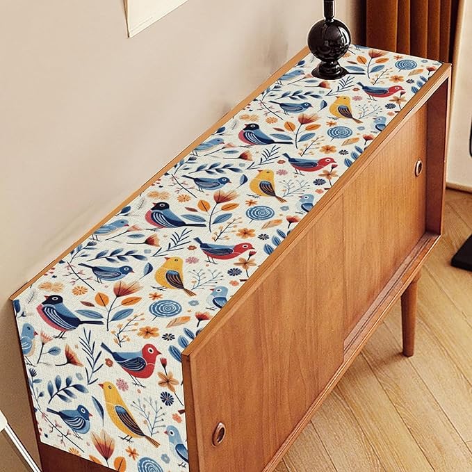 Floral Birds Table Runner, Rustic Seasonal Watercolor Spring Flower Plants Wildfloral Boho Blue Coffee Table Center Decor for Family Kitchen and Dining Farmhouse Party Table Decorations, 13"x90"
